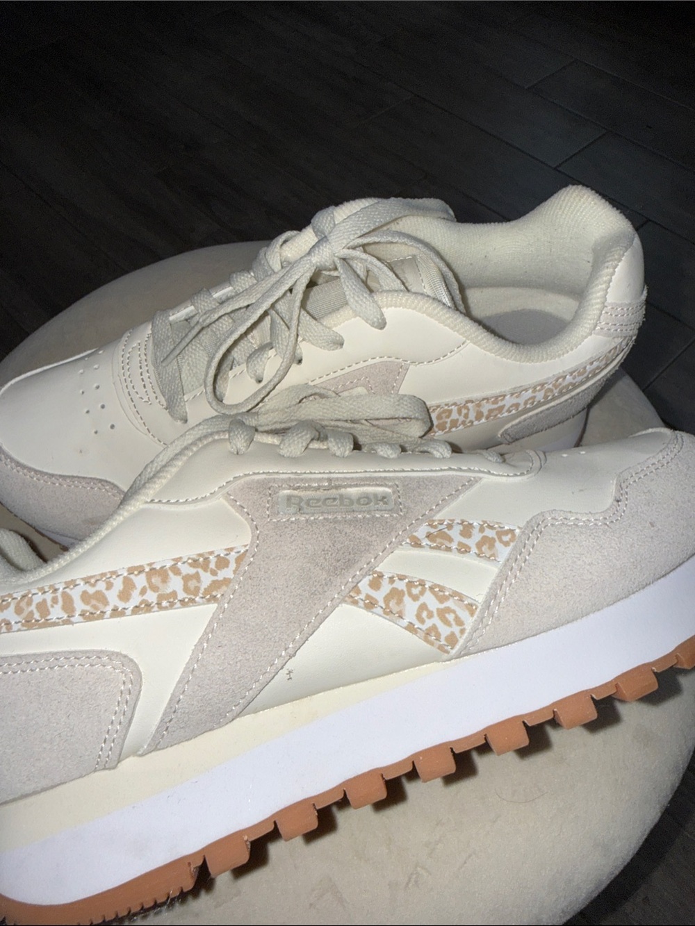 Reebok Women's Cream Sneakers with Tan Leopard Trim. “Comfort Footbed Ortholite”